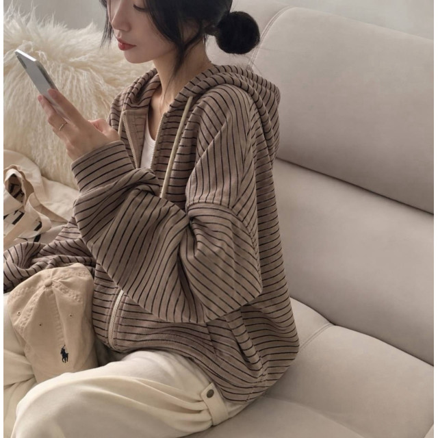 羊絨韓版雙拉鍊條紋連帽外套