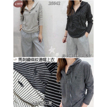 馬刺繡條紋連帽上衣