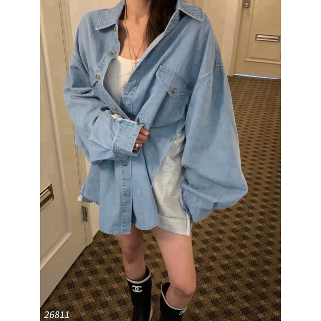 韓系異材質拼接寬鬆顯瘦牛仔襯衫