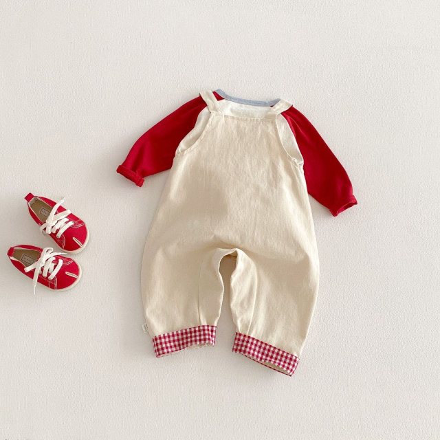 紅白拼色造型背帶褲套裝