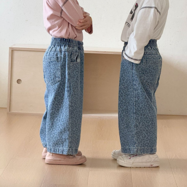 豹紋水洗牛仔寬褲