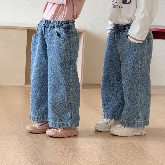 豹紋水洗牛仔寬褲