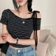 韓系甜辣單肩綁帶條紋罩杯上衣
